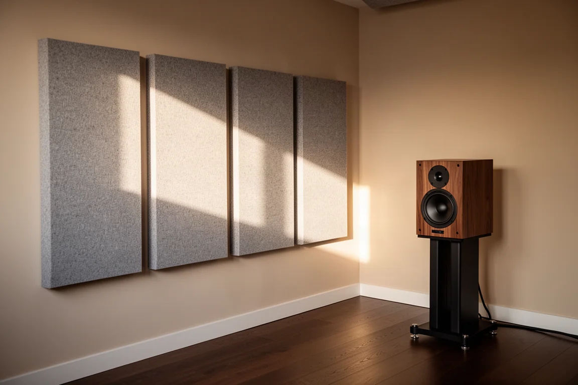 Paneles de absorción acústica montados en una pared lateral junto a un altavoz de alta fidelidad