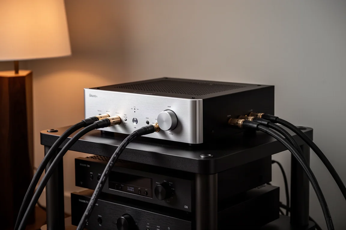 Amplificador y cables de altavoz en un rack de alta fidelidad bajo en una sala de escucha con poca luz