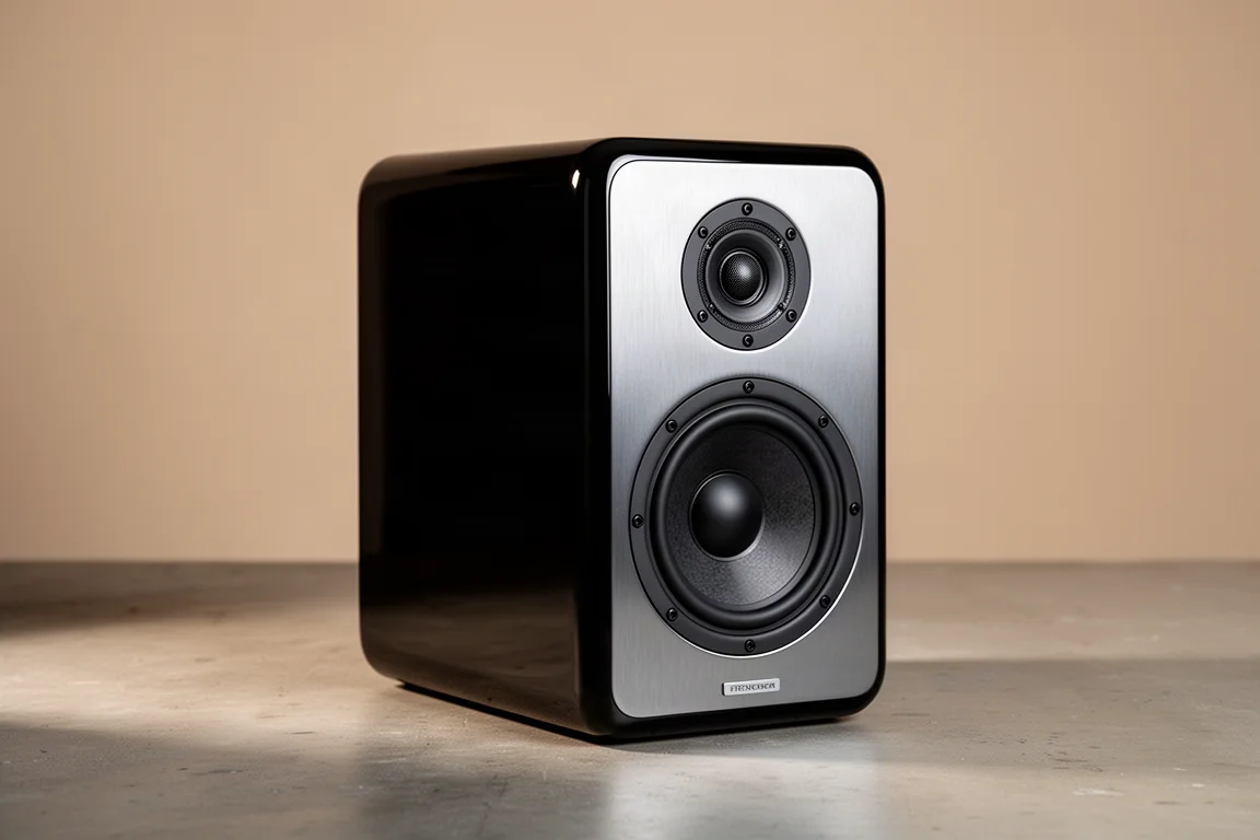 Gloss black two-way standmount loudspeaker with metal front baffle on a concrete surface