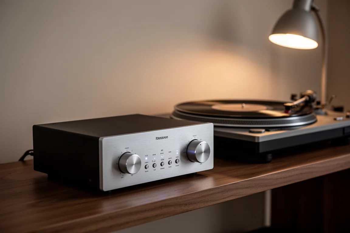 Rincón de escucha nocturno con una silla, una estantería de discos y un amplificador con brillo tenue