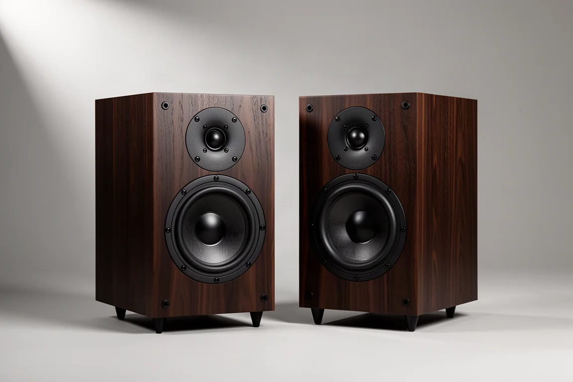 Pair of dark wood two-way bookshelf loudspeakers on stands against a grey backdrop
