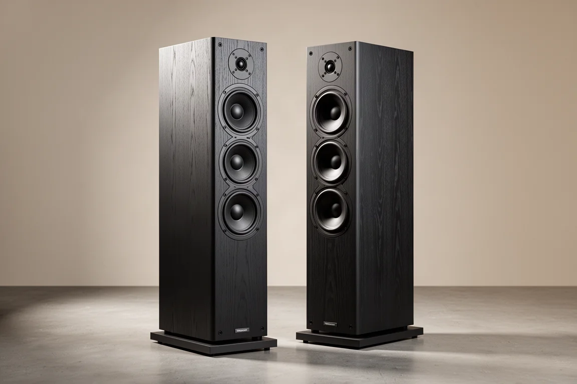 Pair of tall dark wood floorstanding speakers on a concrete floor
