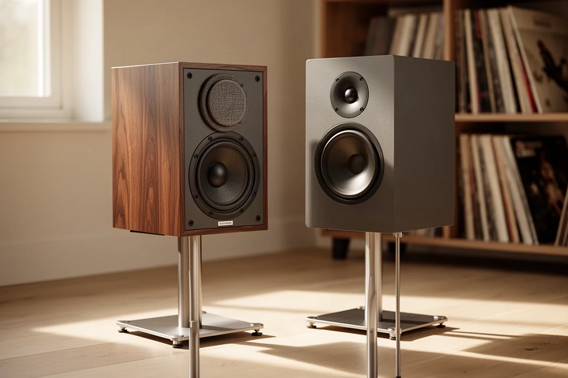 Two compact bookshelf hi-fi speakers on stands in a warm listening room