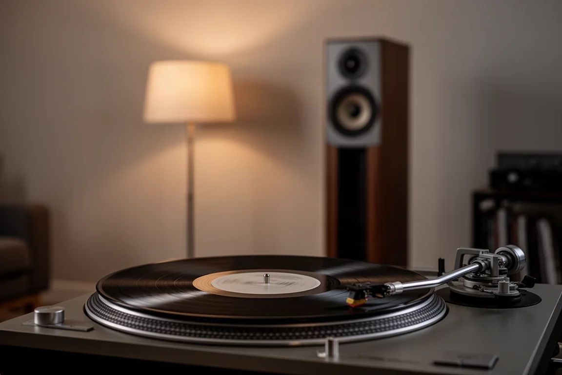 Gramofon odtwarzający winyl w przygaszonym pokoju odsłuchowym z głośnikiem za nim