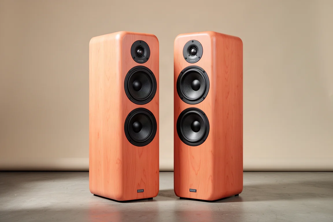 Pair of slim floorstanding loudspeakers in apricot wood veneer on a concrete floor