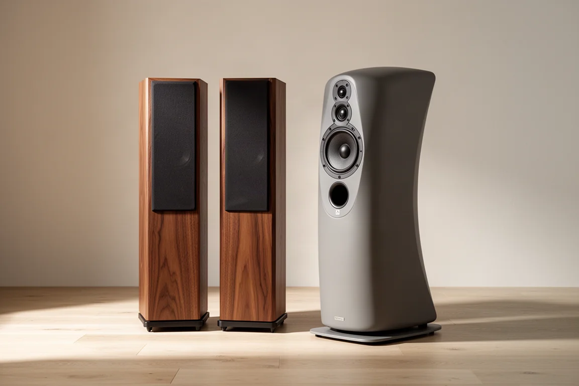 Two pairs of floorstanding hi-fi loudspeakers on a pale oak floor against a neutral wall
