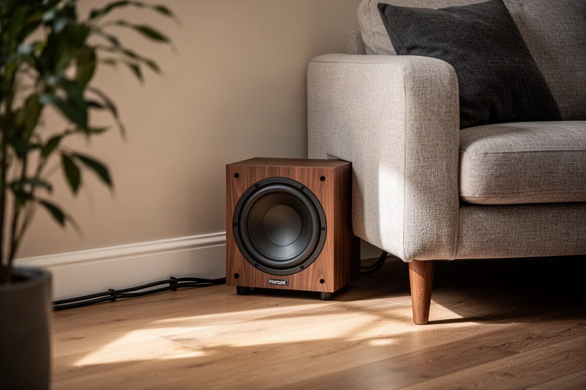 Liten subwoofer placerad vid en soffa i ett varmt hörn av vardagsrummet