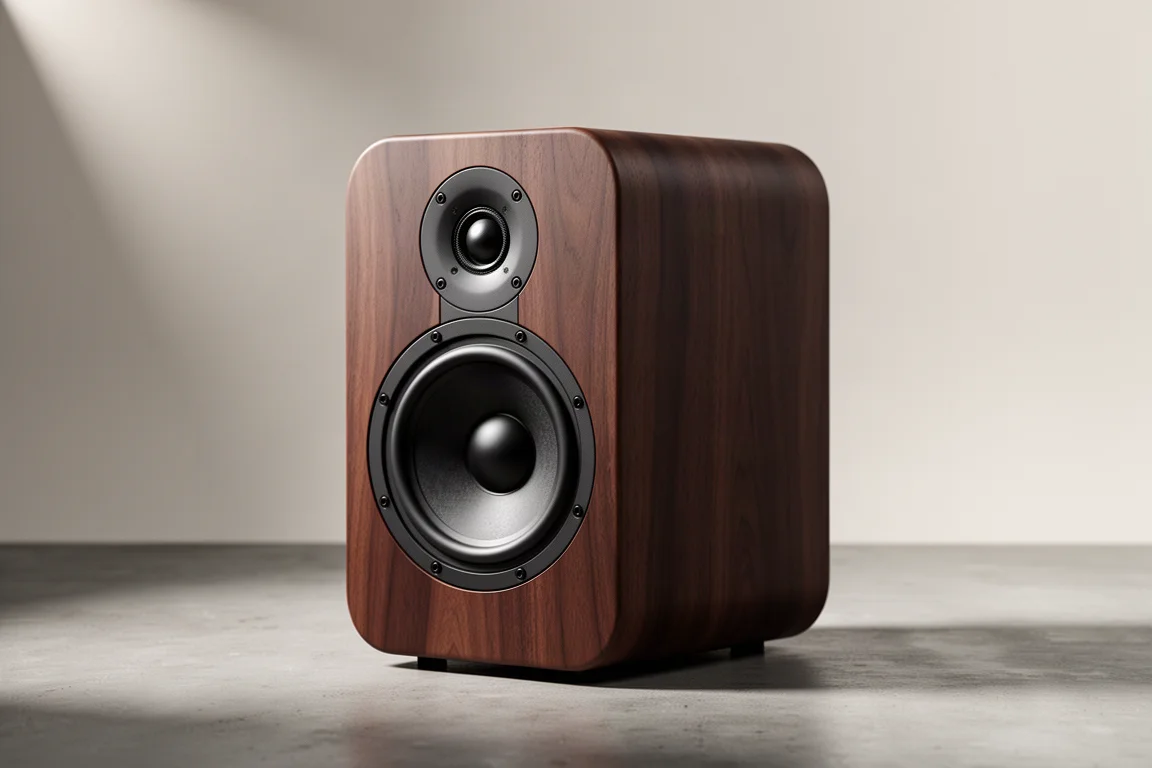 Compact two-way stand-mount loudspeaker in matte walnut veneer on a neutral backdrop