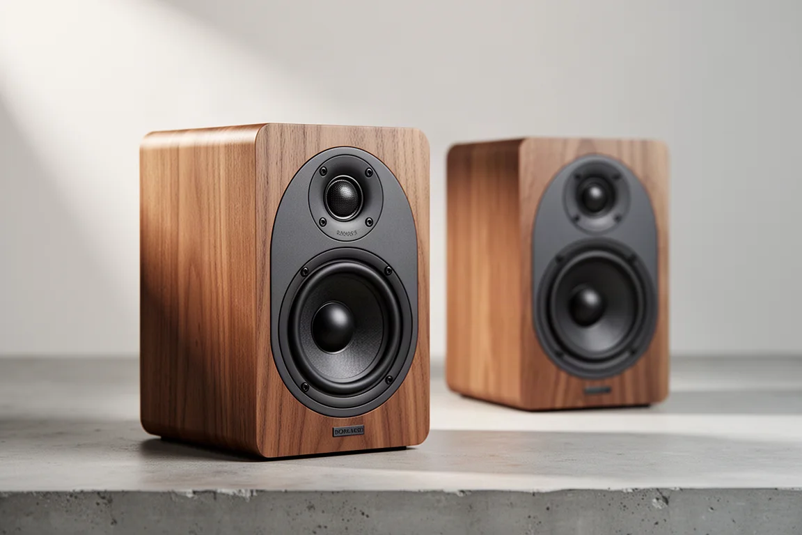 Compact standmount loudspeaker with wood veneer cabinet on a concrete surface