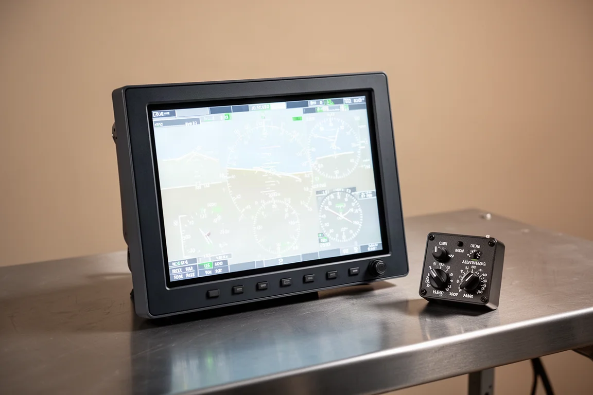 Display avionico Dynon SkyView da 10 pollici su una scrivania in alluminio spazzolato