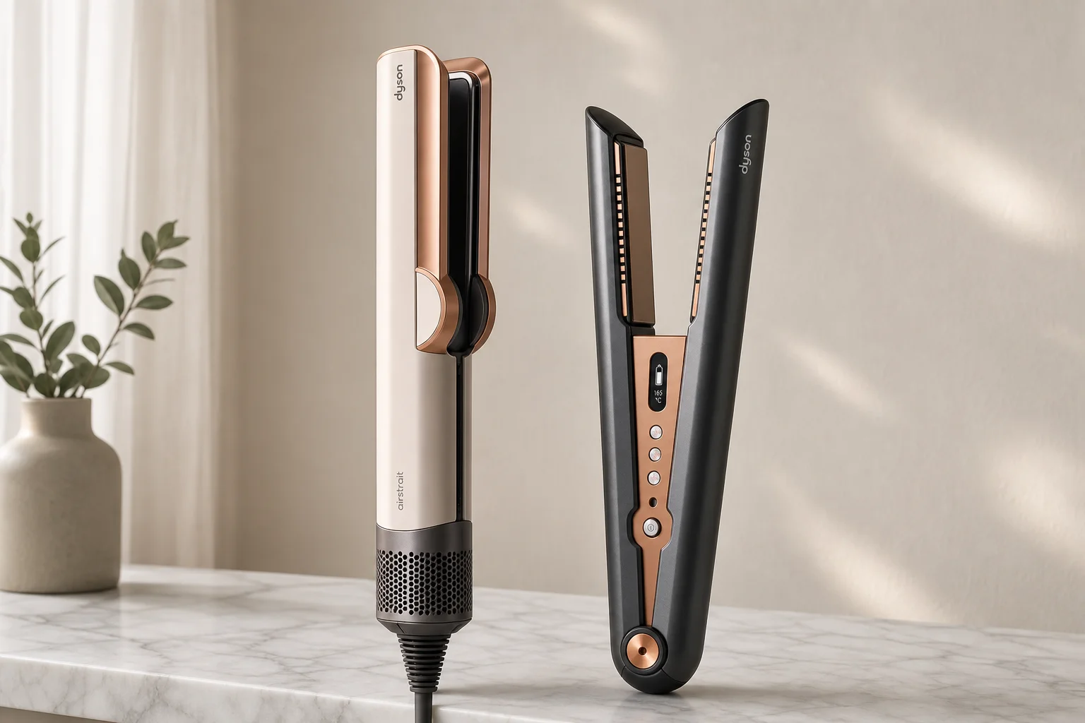 Dyson Airstrait and Dyson Corrale hair styling tools on marble surface