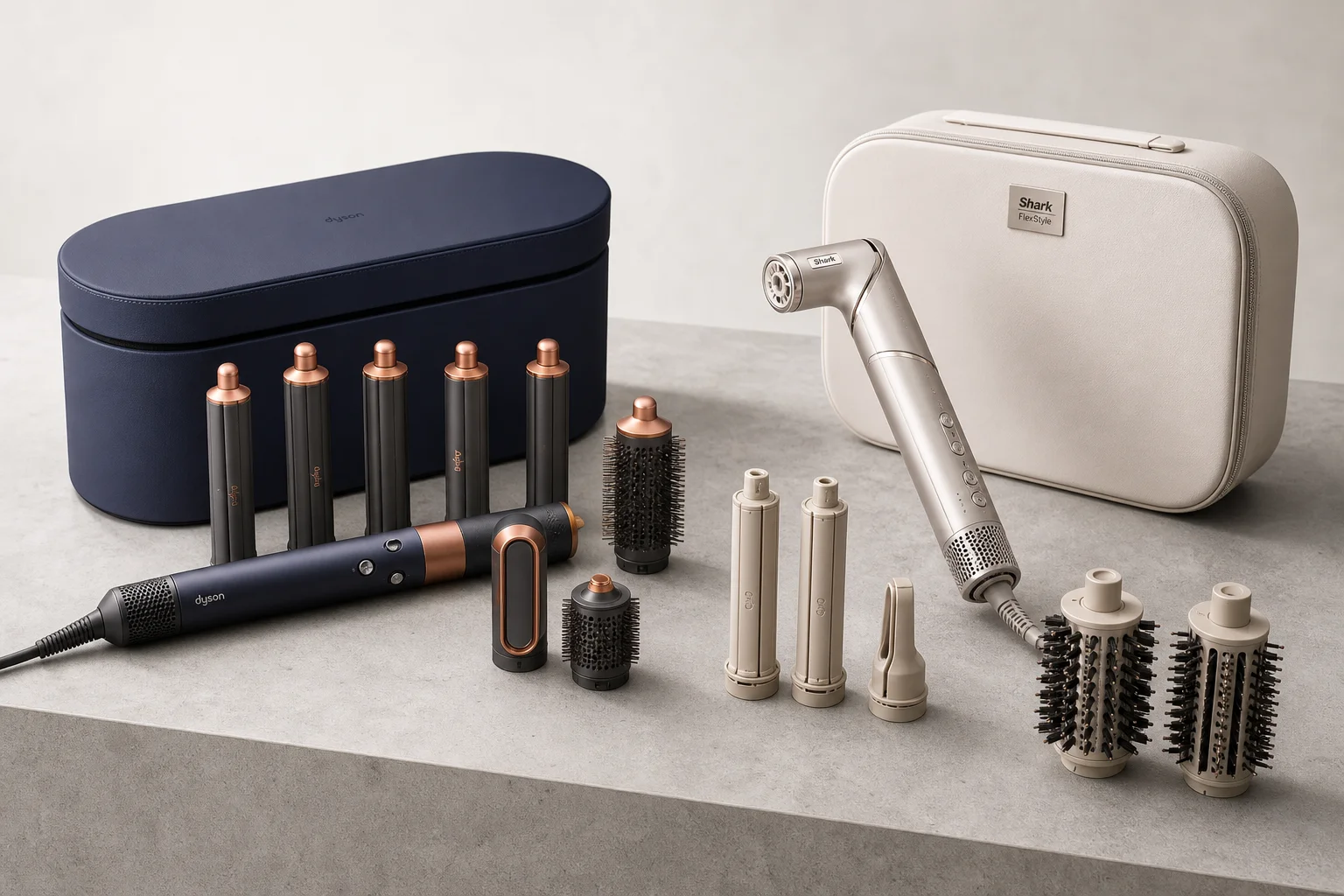 Dyson Airwrap and Shark FlexStyle hair styling tools displayed side by side with attachments