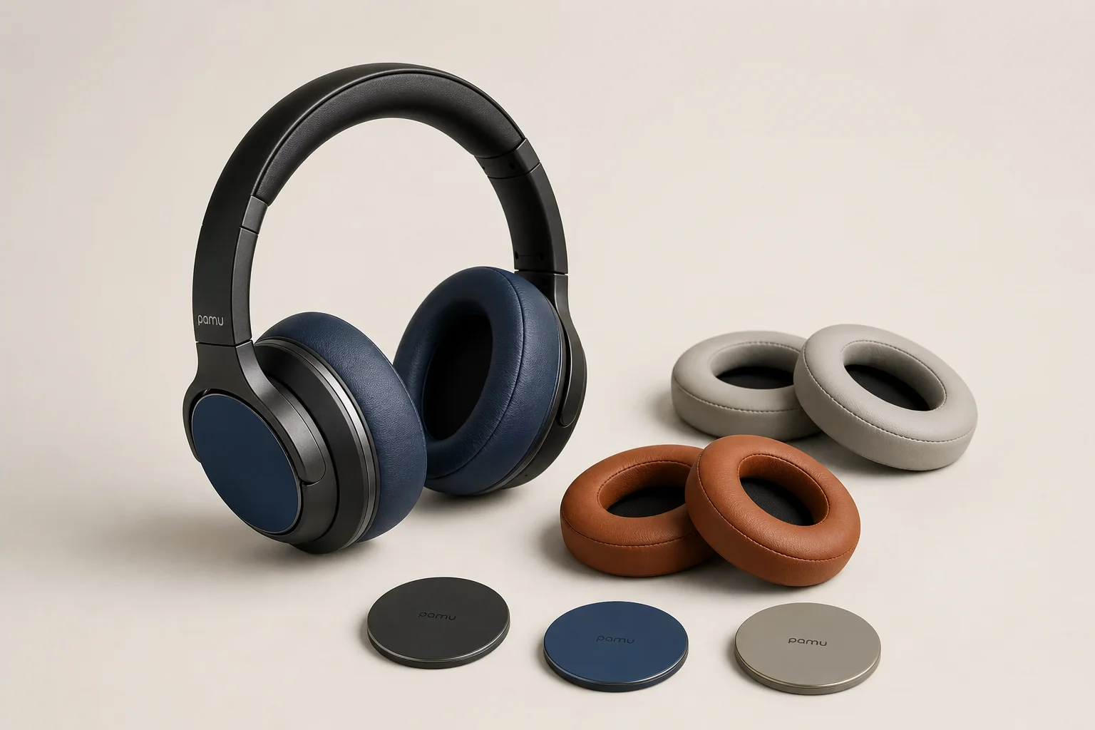 Collection de produits Dyson incluant sèche-cheveux, purificateur d'air, aspirateur, casque et lampe de bureau sur une surface en béton