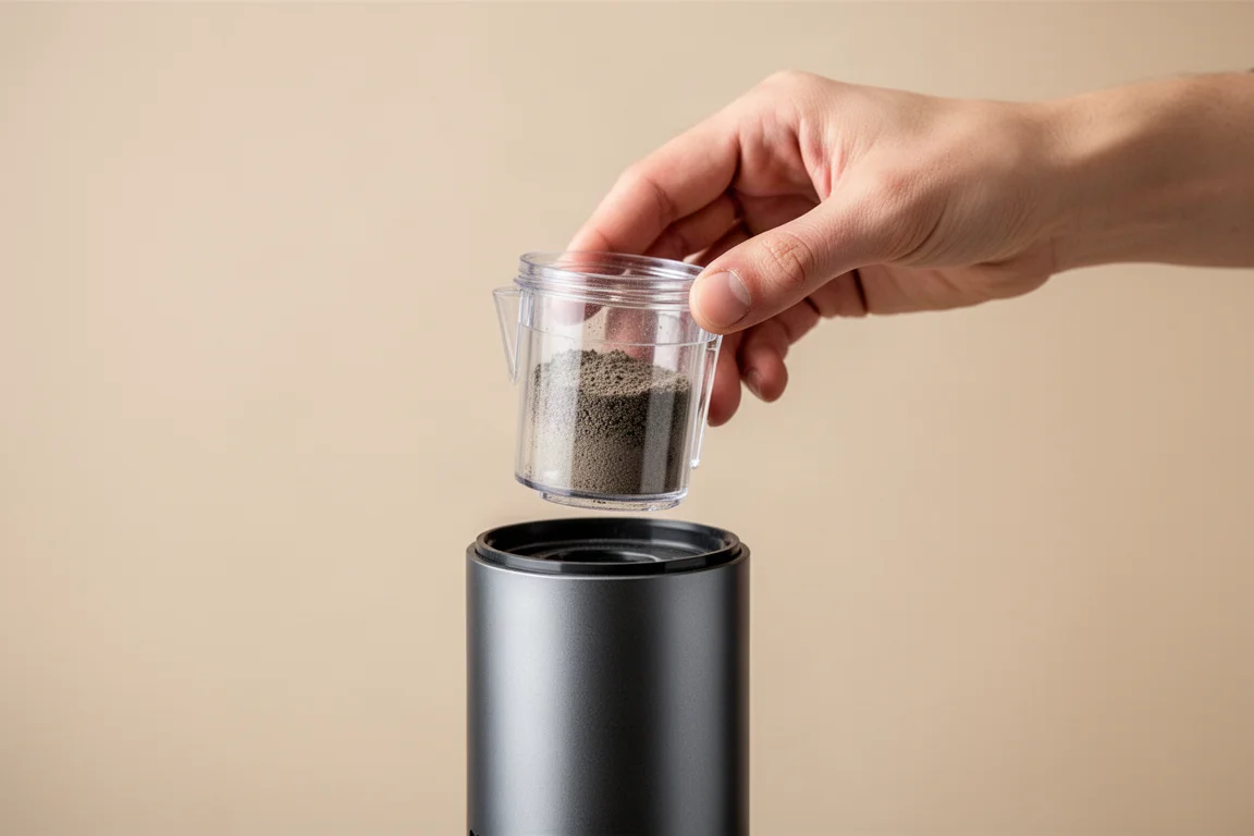 スリムなコードレス掃除機からコンパクトなダストビンを取り外している様子