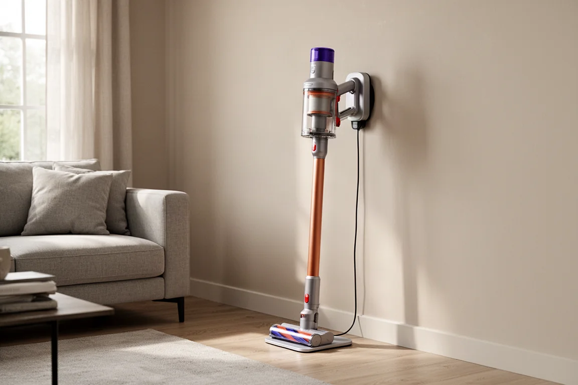 モダンなリビングルームで磁気充電スタンドにドッキングしたスリムなコードレス掃除機