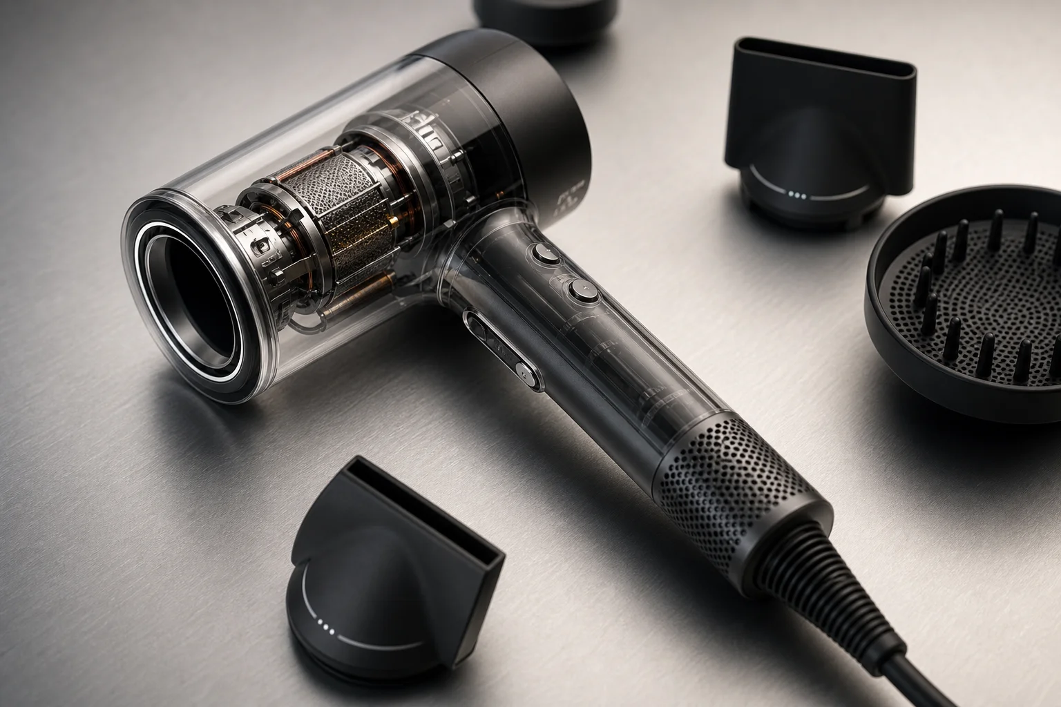 Sèche-cheveux avec mécanisme moteur visible et accessoires magnétiques sur fond neutre