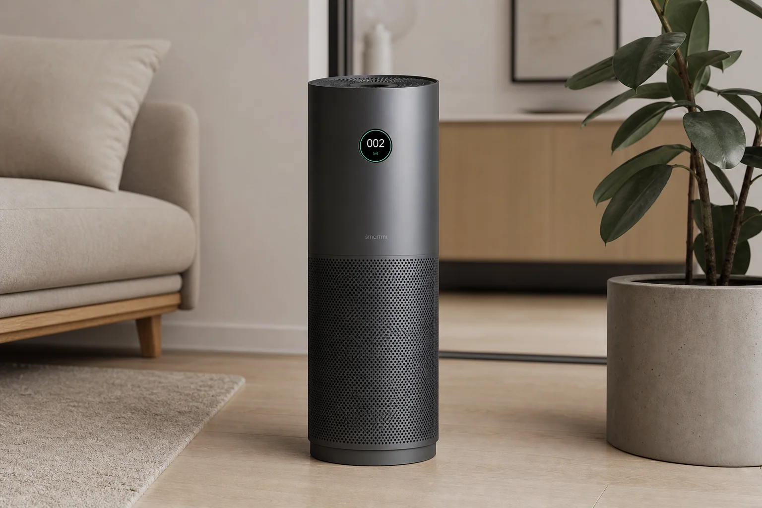 Purificateur d'air colonne avec écran numérique éclairé dans un intérieur moderne