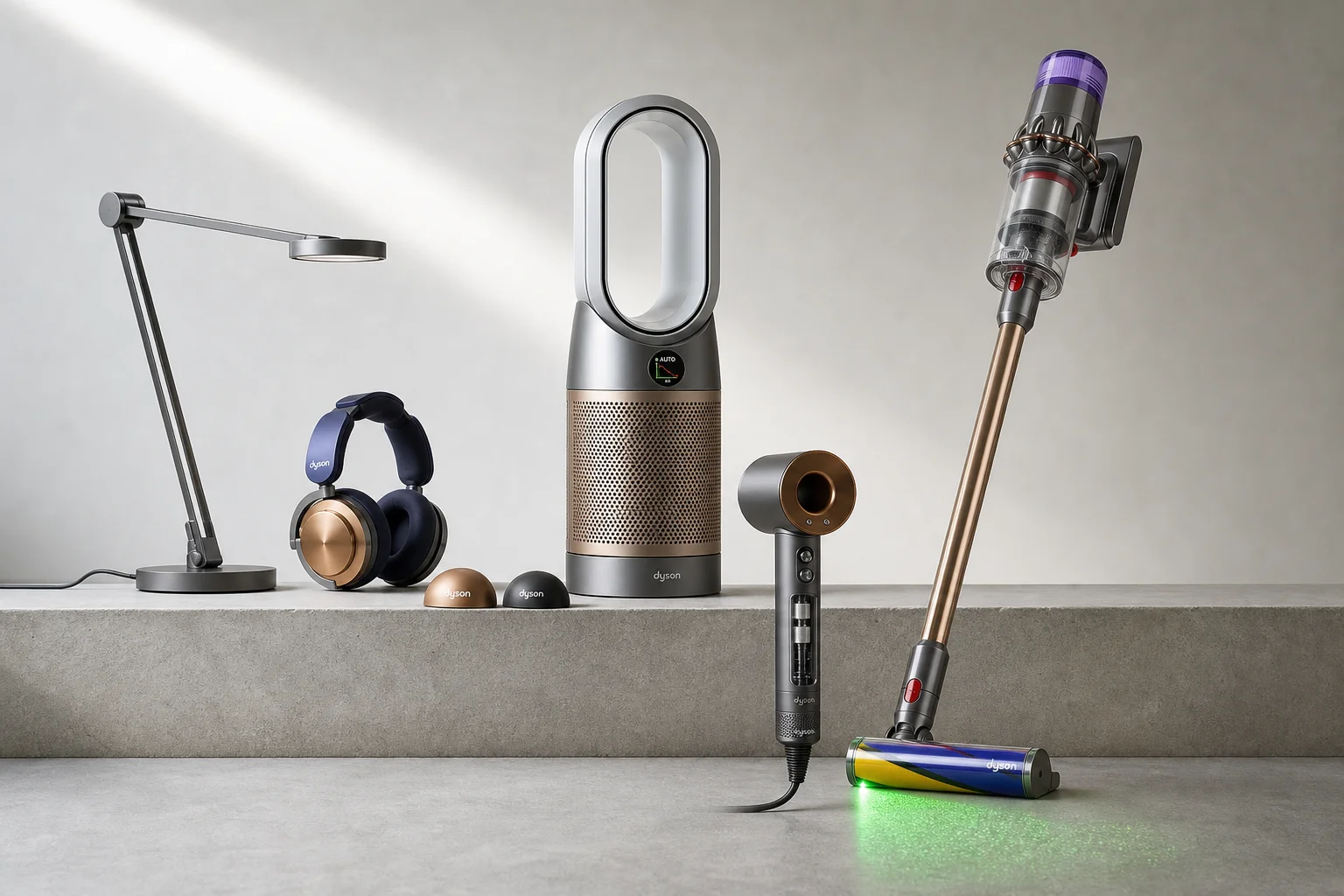 Collection of Dyson products including hair dryer, air purifier, vacuum, headphones, and desk lamp on concrete surface