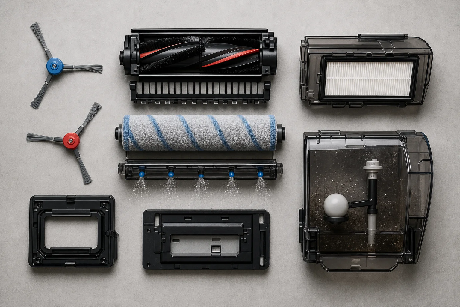 Close-up of robot vacuum components including brushes, mop roller, and tanks