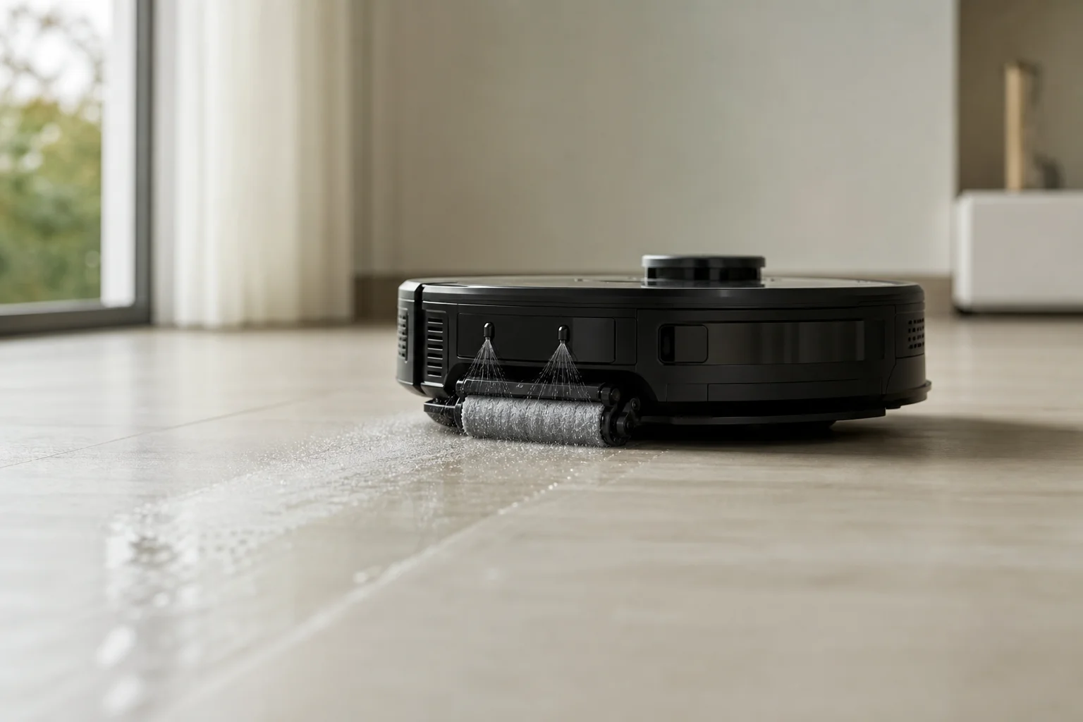 Robot vacuum actively mopping a floor with visible water spray