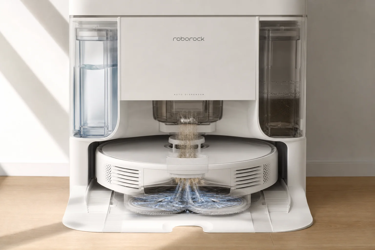 Docking station with robot vacuum positioned for auto-empty and self-cleaning