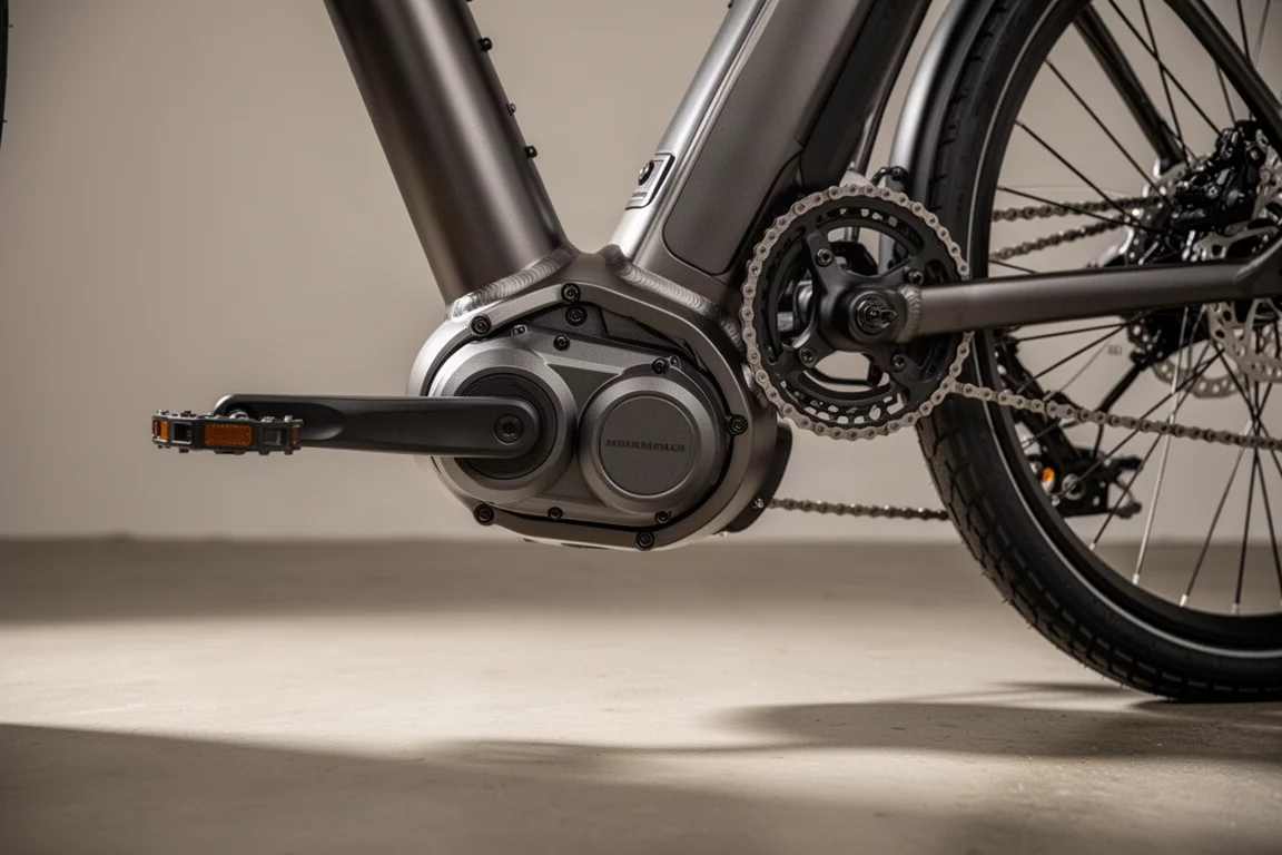 Close-up of a compact mid-drive motor housing at the cranks of an electric bike