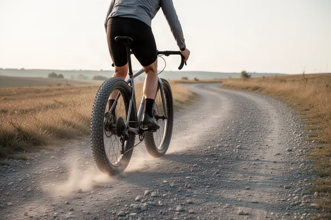 Cyclist riding a drop-bar bike along a loose gravel track at golden hour