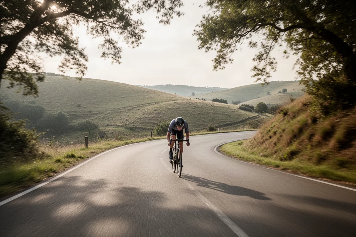 Road cyclist descending a smooth tarmac road in a low aerodynamic position