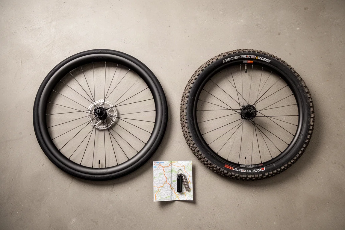 Overhead arrangement of a slick road wheel and a treaded gravel wheel on concrete