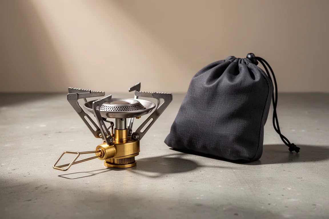 Compact brass and steel camping gas stove with folded arms beside a small dark pouch