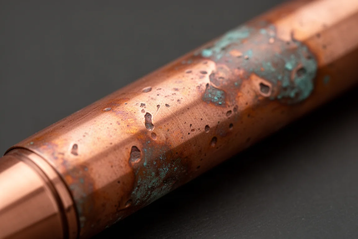 Primer plano del barril de una pluma de cobre envejecido que muestra la pátina y toques de oxidación verdosa