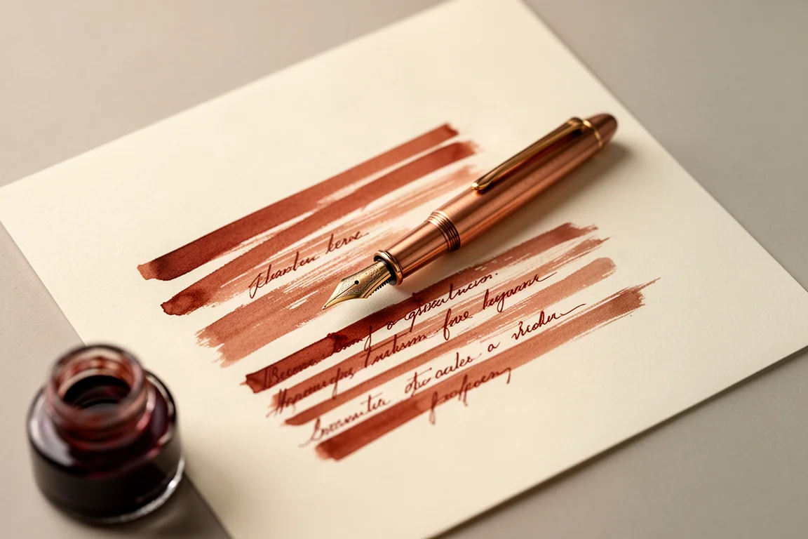 Estilográfica escribiendo sobre papel crema trazando líneas finas de tinta marrón