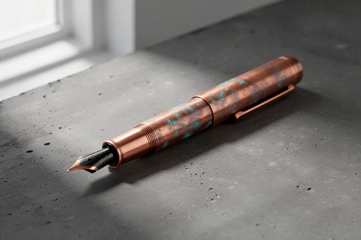 Solid copper fountain pen with weathered patina on a dark concrete surface