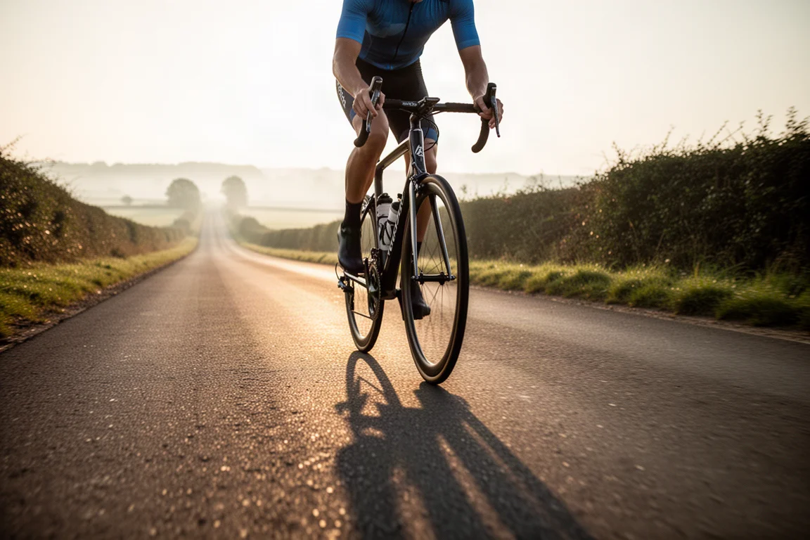 Road cyclist riding an empty rural tarmac road in low early morning sun