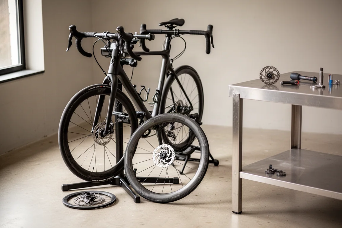 Road bike in a workshop stand with a carbon wheel and tools on a bench