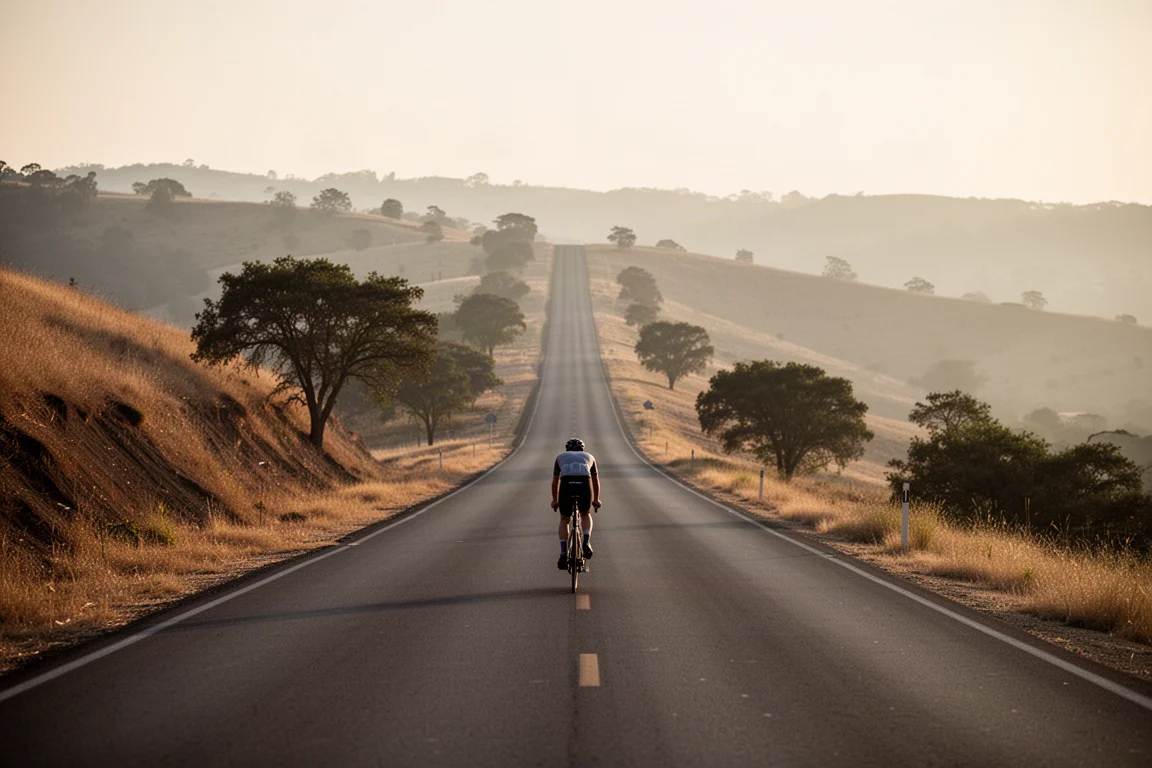 Cyclist climbing a long open hill road in warm late afternoon light