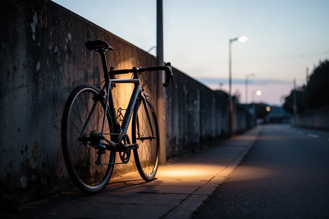 Road bike leaning against a concrete wall at dusk under a warm streetlight
