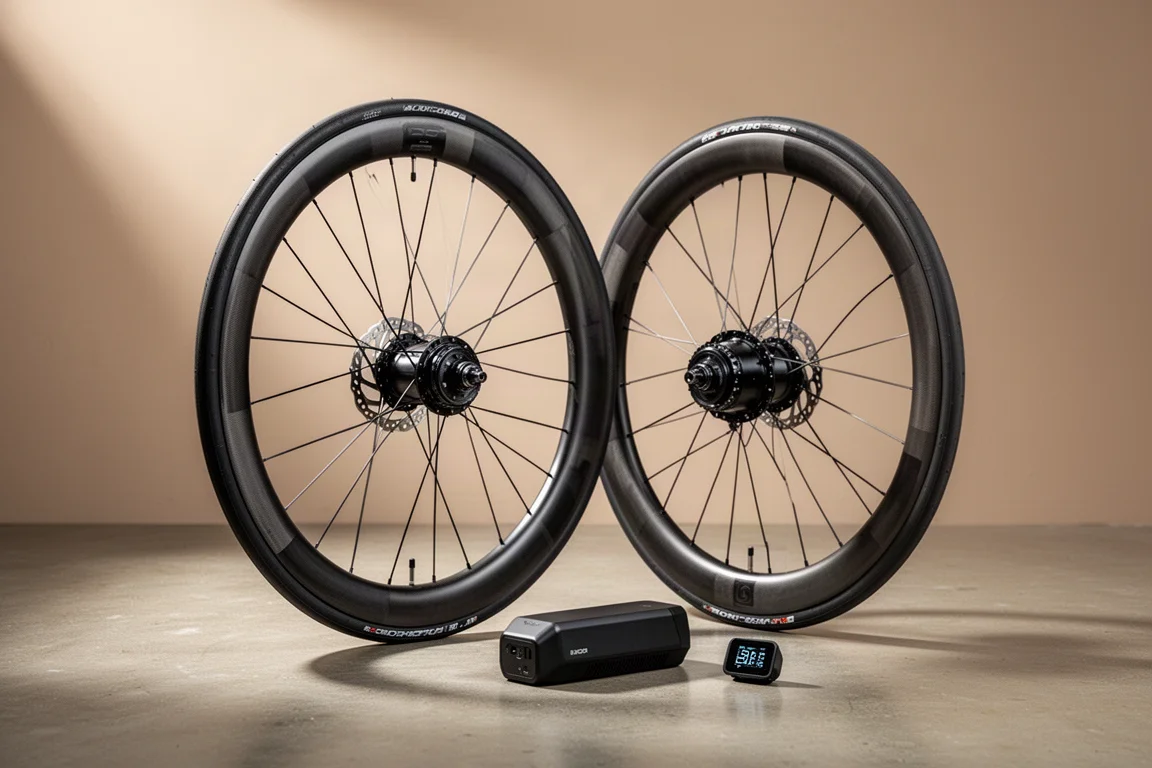 Carbon road bike wheel set with motorized rear hub and black battery pack on concrete
