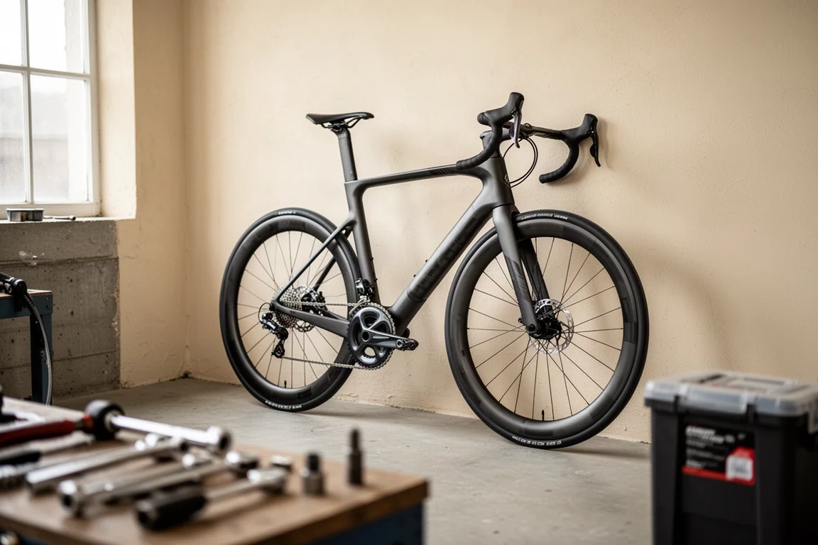 Bici da strada con ruote in carbonio appoggiata a una parete in un'officina