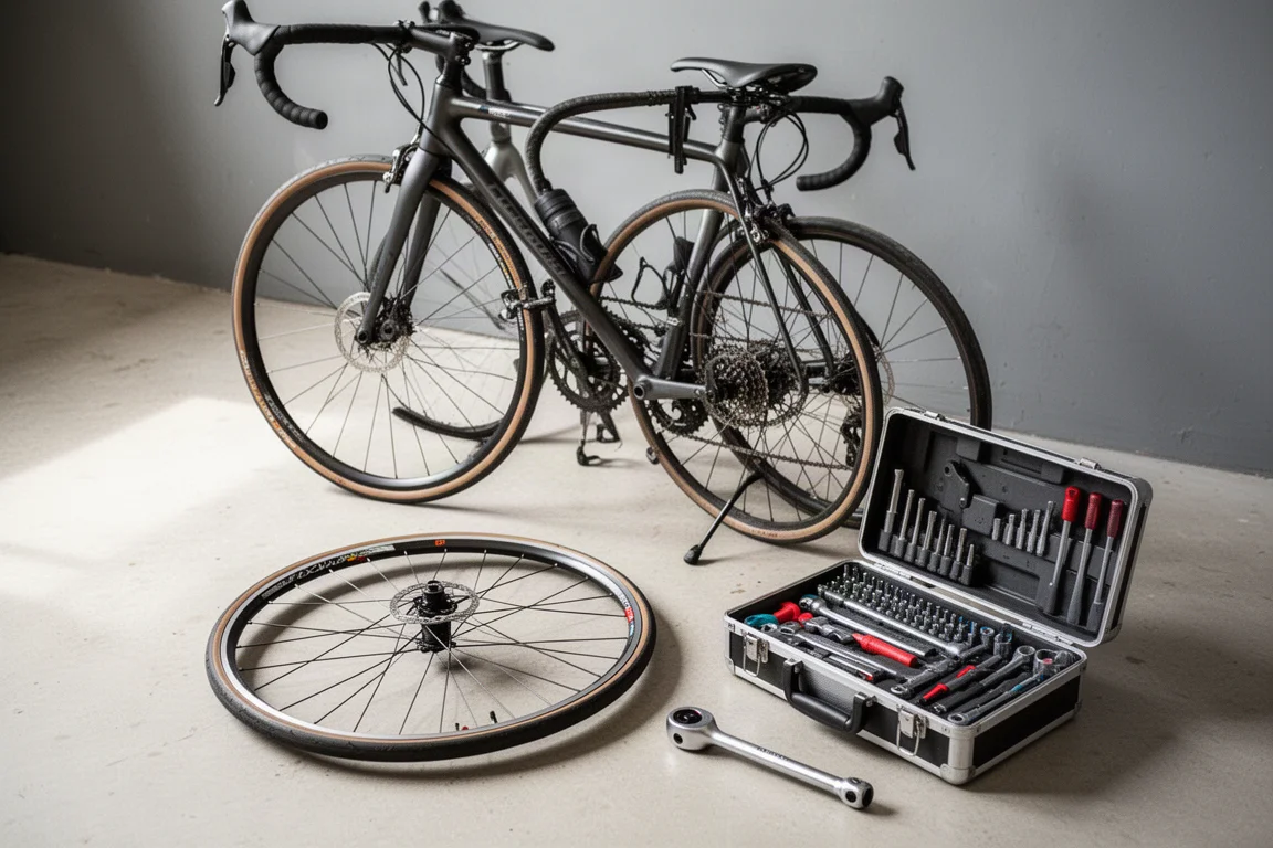 Ruota di bici da strada smontata e appoggiata sul pavimento dell'officina accanto a una cassetta degli attrezzi