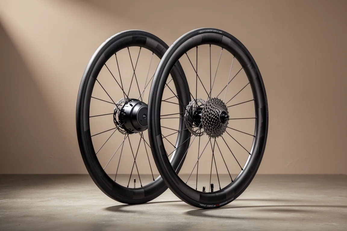 Carbon road bike wheels with a motorised rear hub on a concrete surface