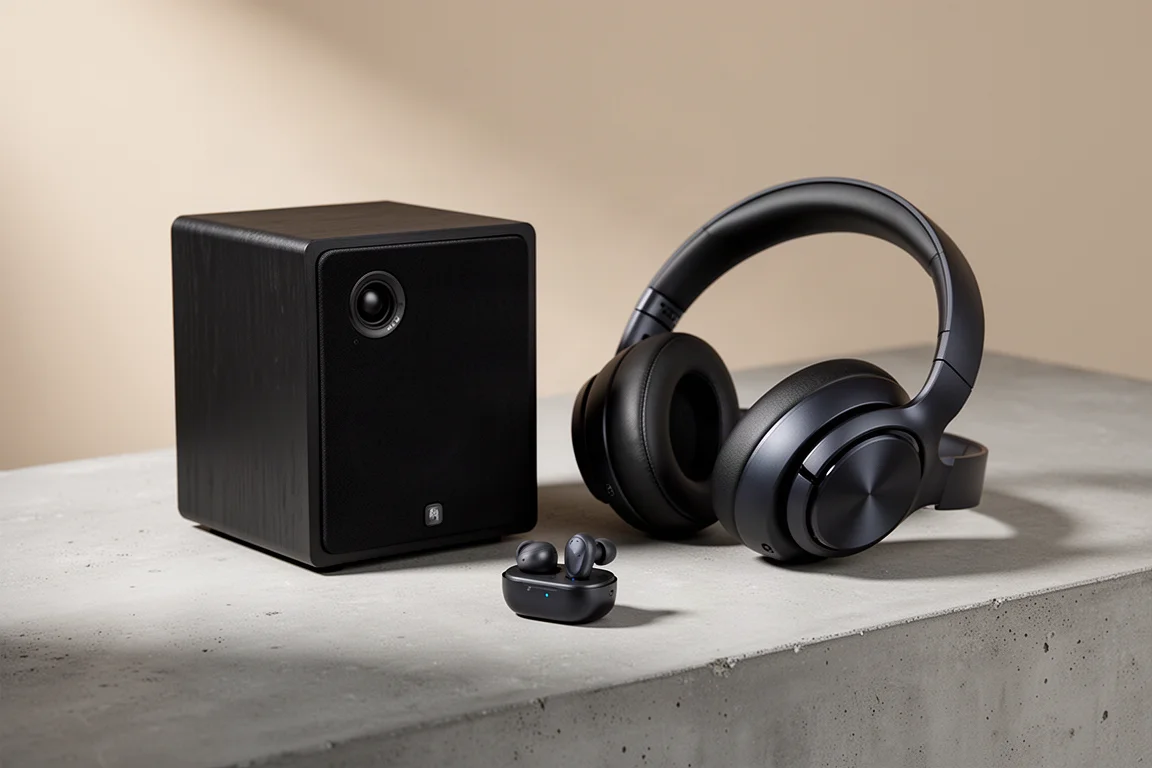 Audio gear arrangement with bookshelf speaker, headphones, and earbuds on concrete