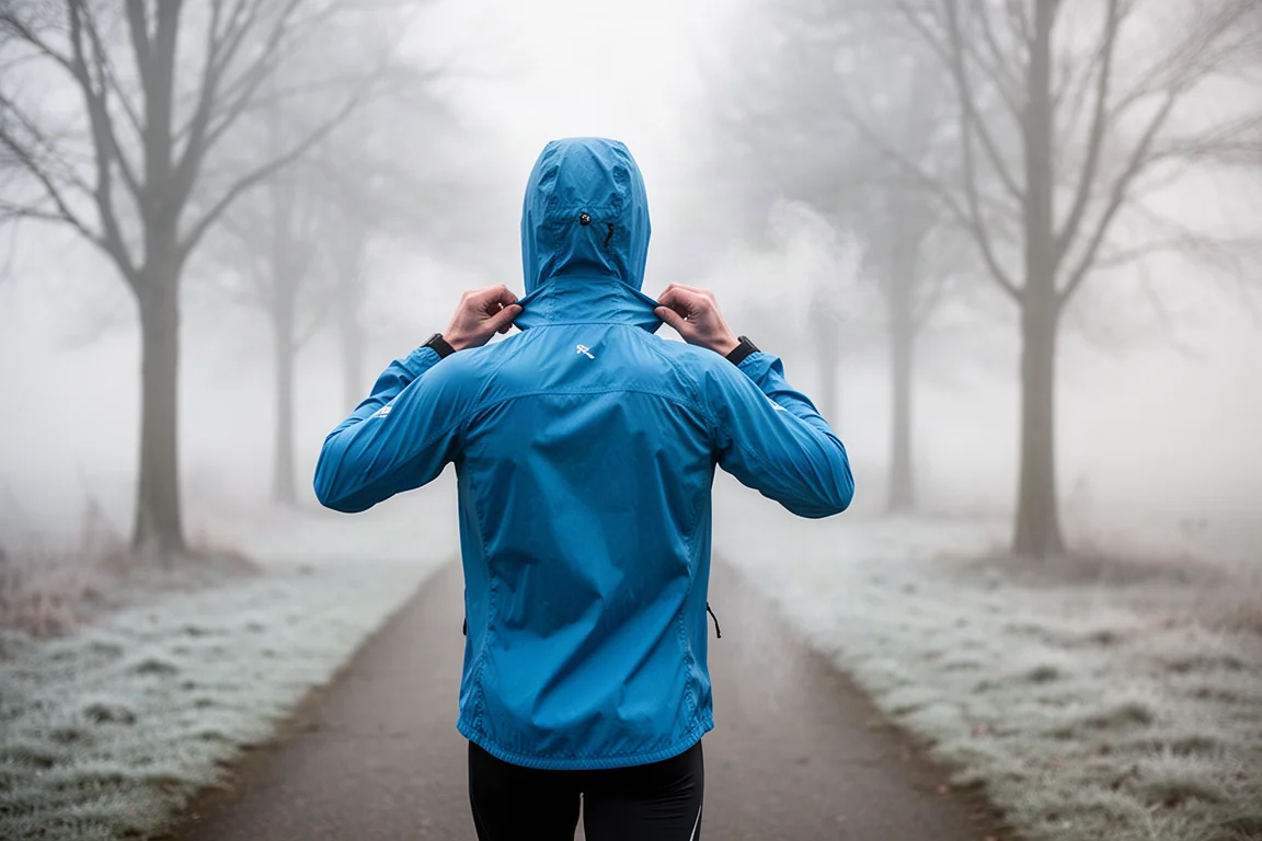 Un coureur ajustant une coupe-vent bleue par un matin froid