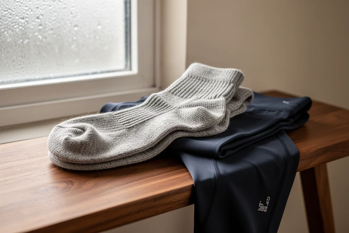 Gros plan sur des chaussettes en mérinos et des collants pliés sur un banc en bois