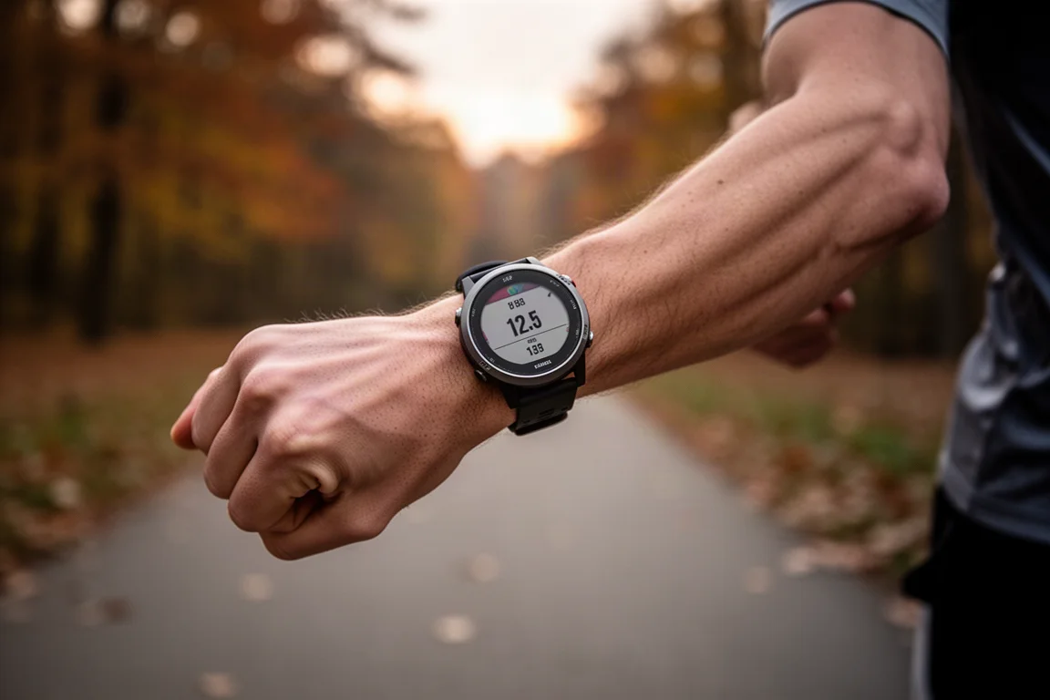 Un coureur consultant sa montre de sport GPS au crépuscule