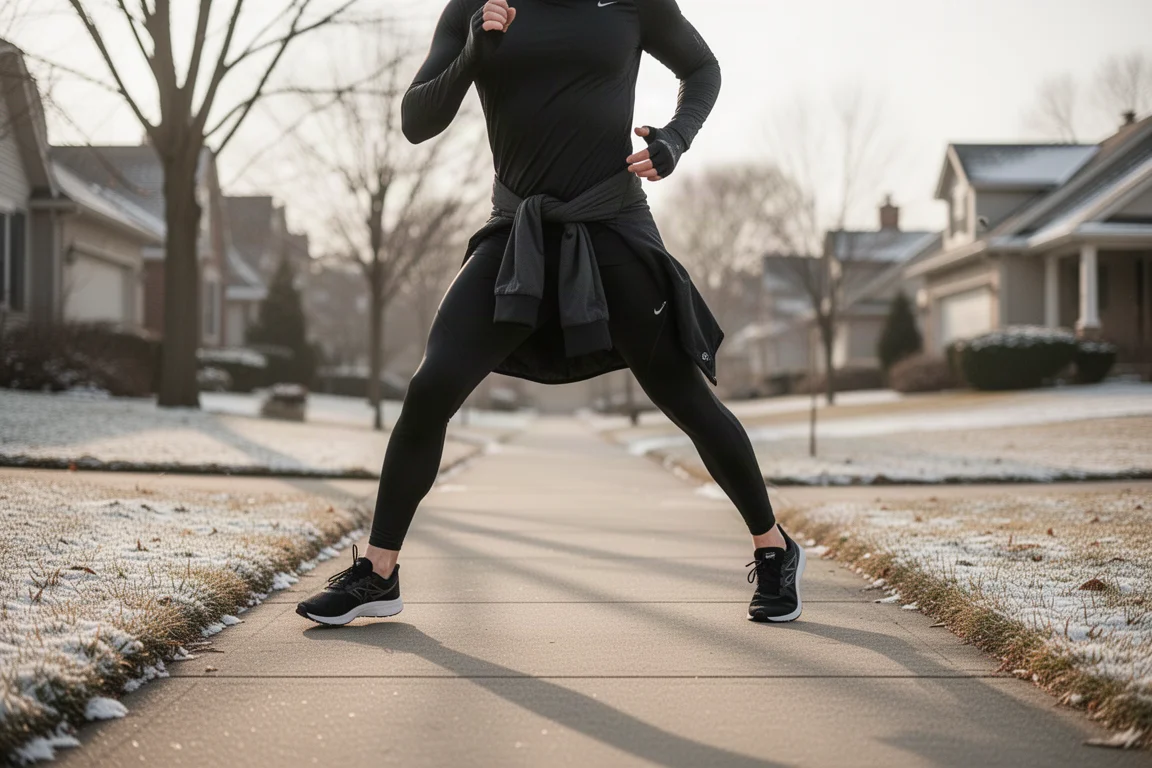 Un coureur superposant des vêtements chauds avant une séance par temps froid