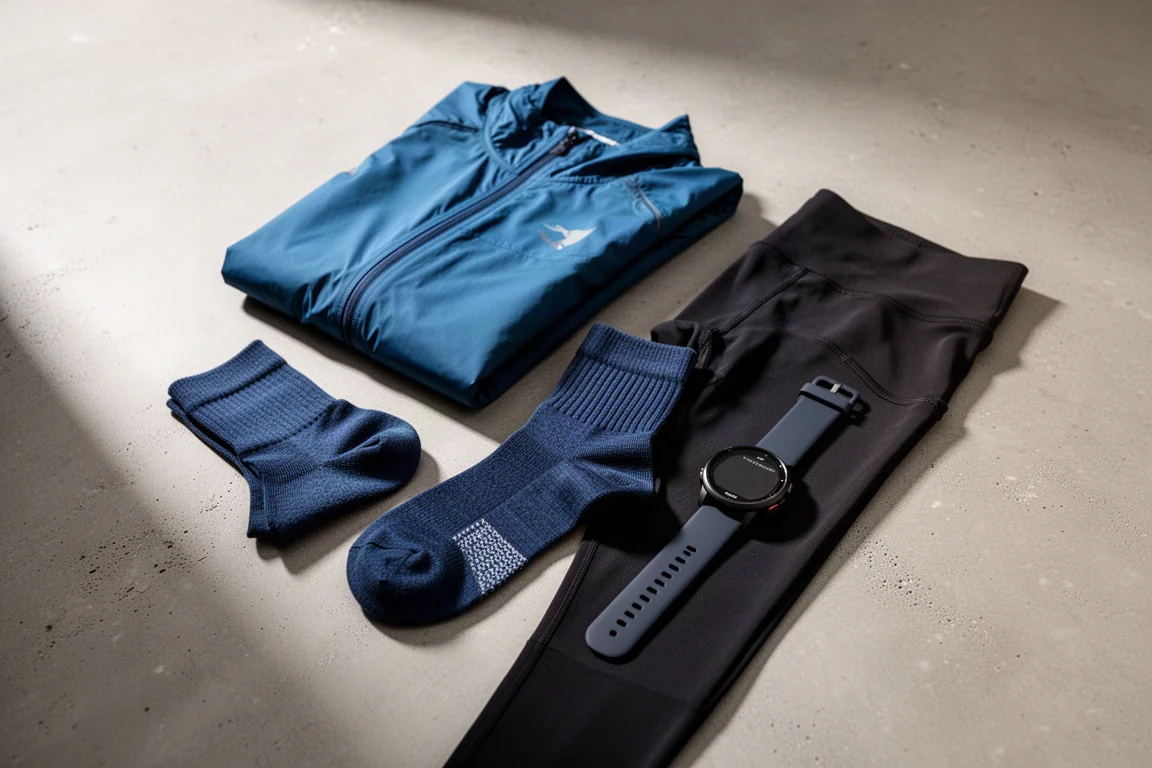 Flat-lay of winter running gear including a jacket, socks, tights, and a sports watch