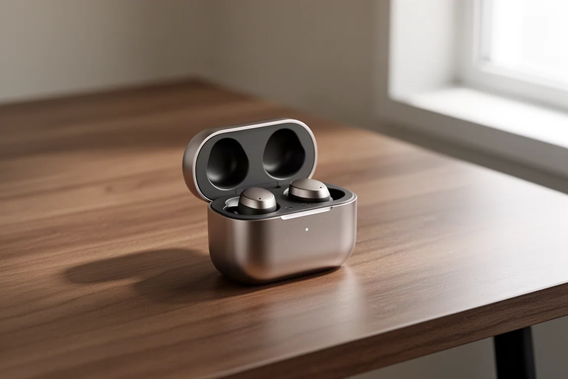 Compacte metallic oplaadcase voor oorbellen, open op een houten bureau
