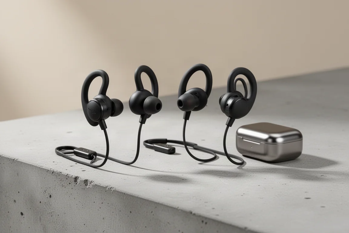 Two pairs of wireless sports earbuds with charging cases on a concrete surface