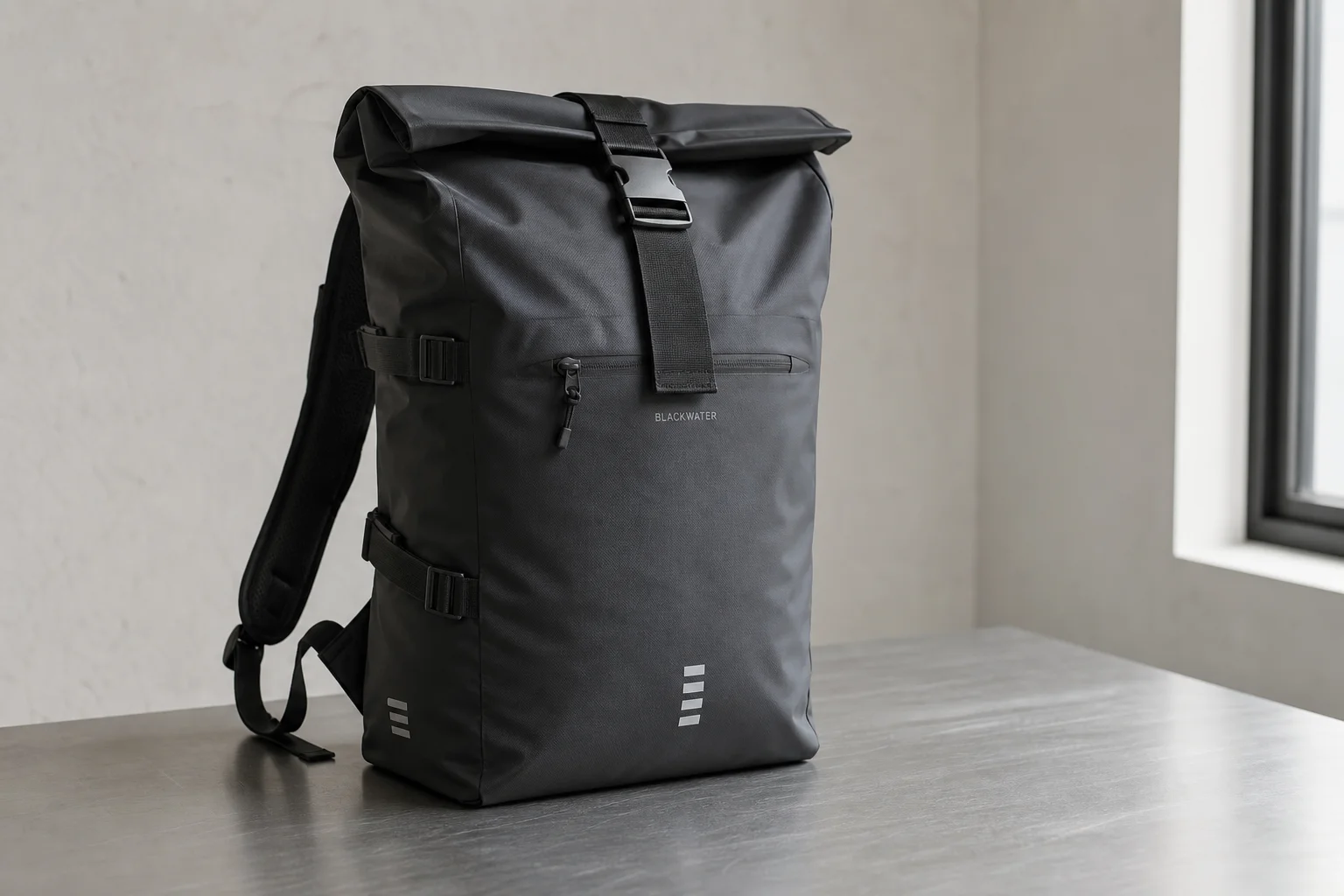 Five waterproof backpacks lined up on concrete surface showing different designs and materials